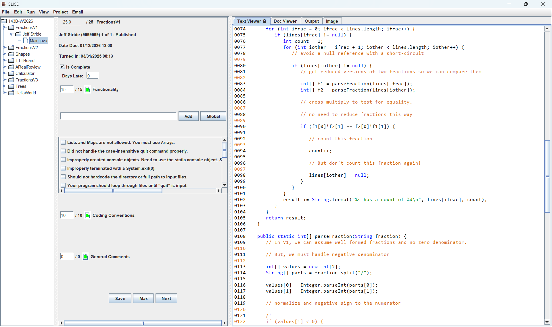 SLICE desktop interface showing assignments and students, rubric scores, and a syntax-highlighted Java source file