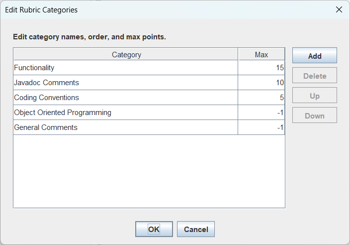 SLICE Edit Rubric Categories dialog with customizable category names, maximum scores, and ordering controls